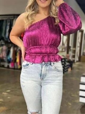 NWT One-Shoulder Fuchsia Crinkle Blouse - Women Tops